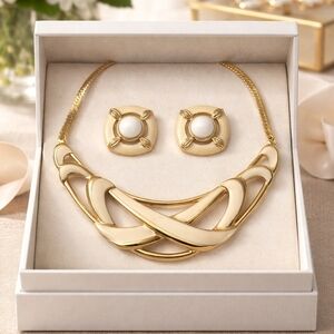 Gold and Cream Statement Necklace & Earring Set - Women Jewelry
